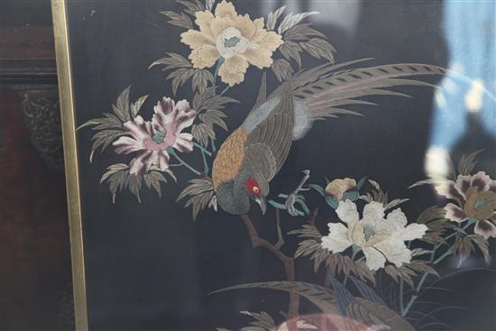 Two Japanese black silk panels, early 20th century, largest 64 x 57cm